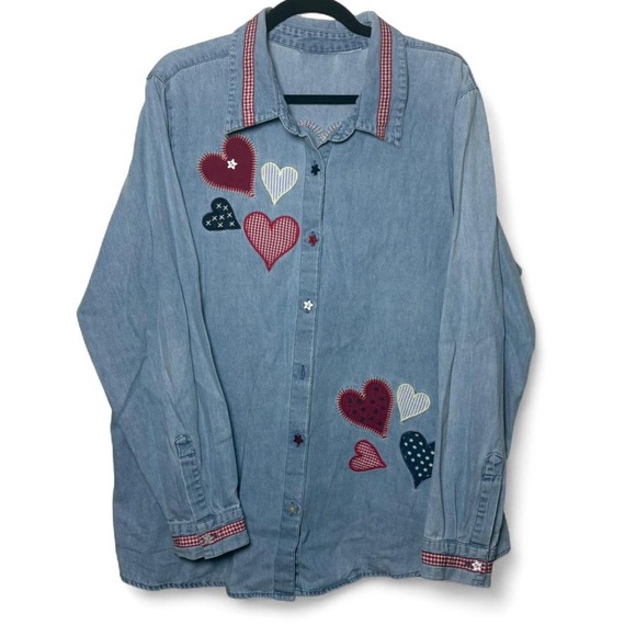 Vintage Denim Button Down XL/XXL Patchwork Hearts Embroidered Grandmacore - Picture 1 of 8